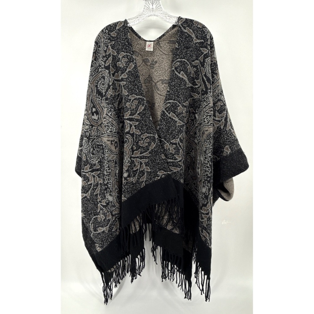 Women Paisley Fringe Poncho Wrap Black Taupe Open Front Shawl One Size Layering